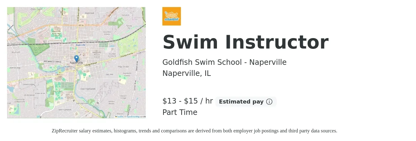 Goldfish Swim School - Naperville job posting for a Swim Instructor in Naperville, IL with a salary of $14 to $16 Hourly with a map of Naperville location.