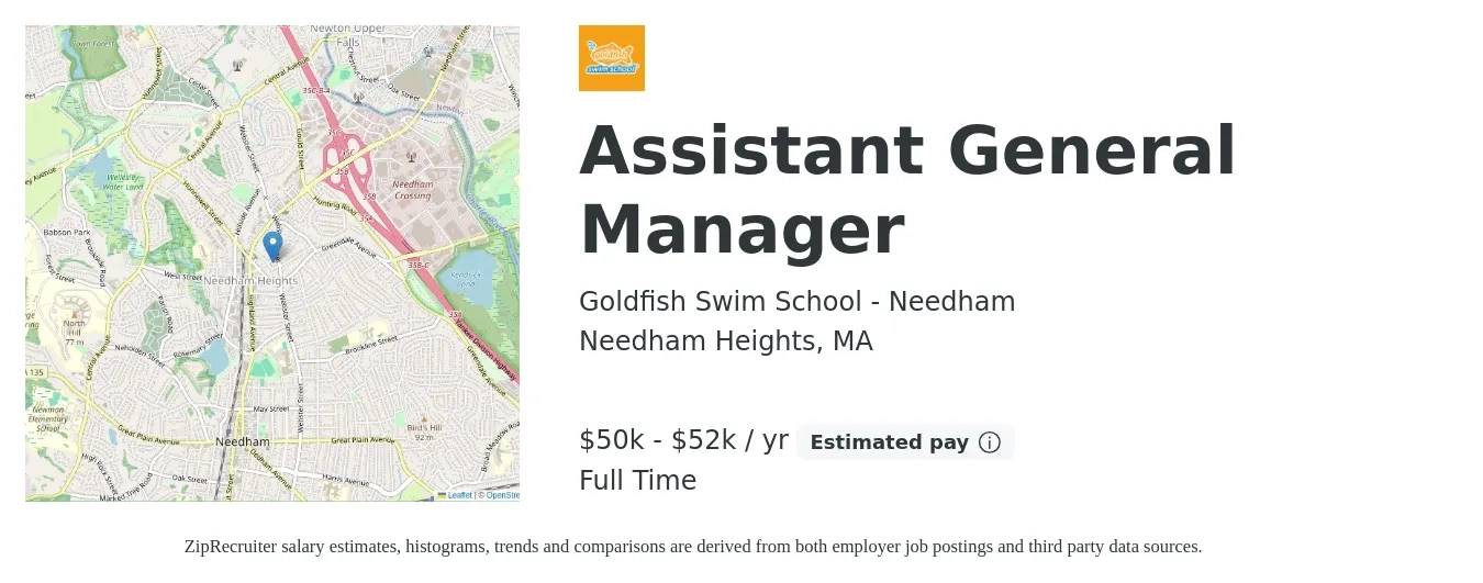 Goldfish Swim School - Needham job posting for a Assistant General Manager in Needham Heights, MA with a salary of $50,000 to $52,000 Yearly with a map of Needham Heights location.