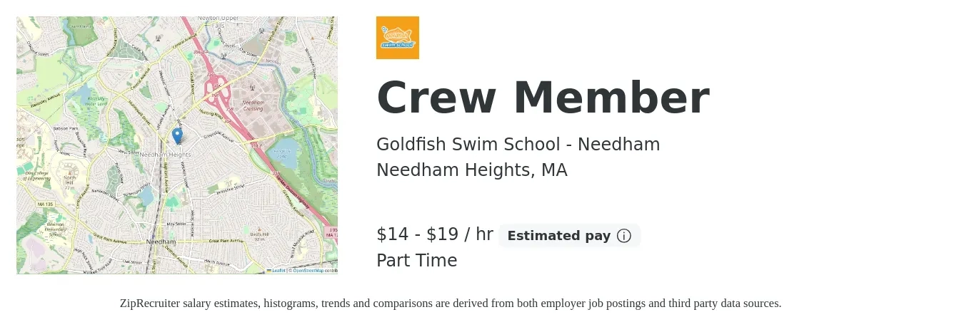 Goldfish Swim School - Needham job posting for a Crew Member in Needham Heights, MA with a salary of $16 to $20 Hourly with a map of Needham Heights location.