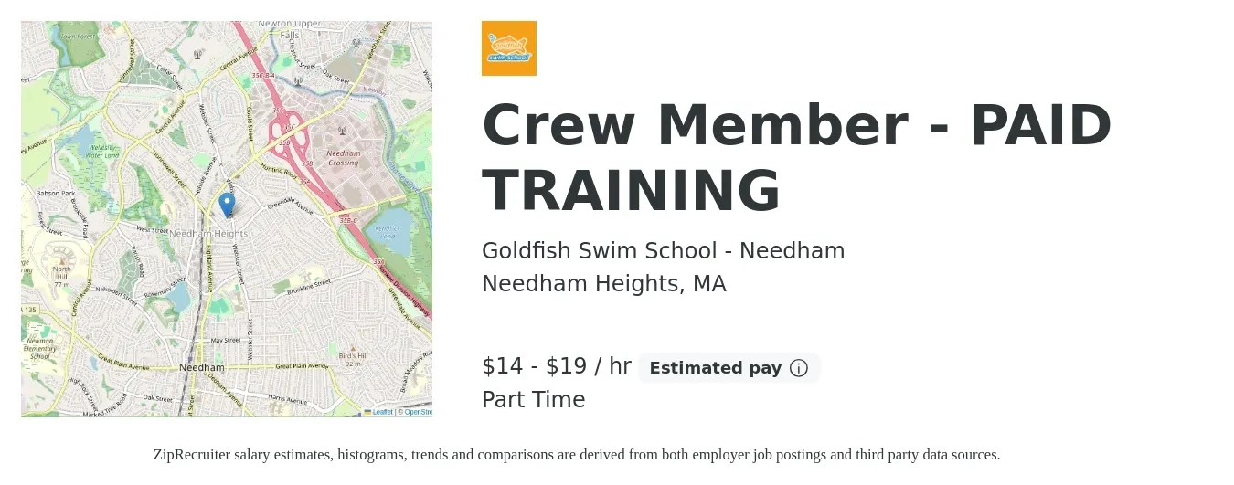 Goldfish Swim School - Needham job posting for a Crew Member - PAID TRAINING in Needham Heights, MA with a salary of $15 to $20 Hourly with a map of Needham Heights location.