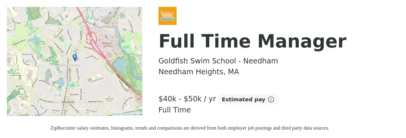 Goldfish Swim School - Needham job posting for a Full Time Manager in Needham Heights, MA with a salary of $40,000 to $50,000 Yearly with a map of Needham Heights location.