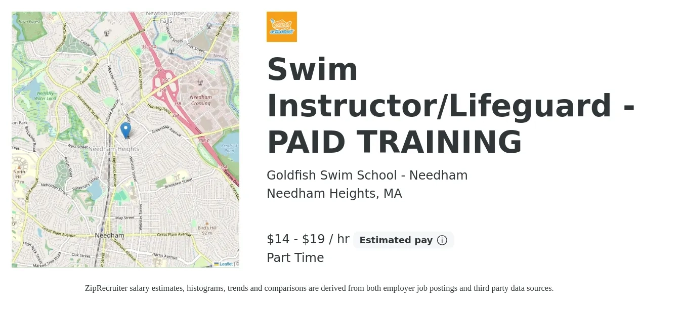 Goldfish Swim School - Needham job posting for a Swim Instructor/Lifeguard - PAID TRAINING in Needham Heights, MA with a salary of $15 to $20 Hourly with a map of Needham Heights location.
