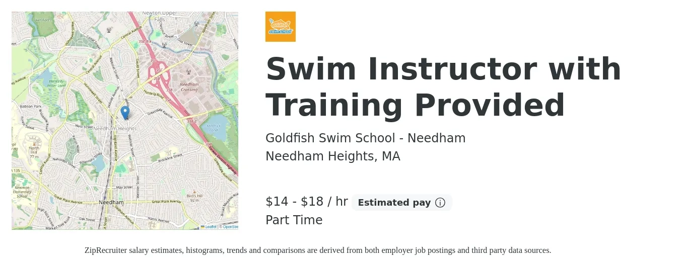 Goldfish Swim School - Needham job posting for a Swim Instructor with Training Provided in Needham Heights, MA with a salary of $15 to $20 Hourly with a map of Needham Heights location.