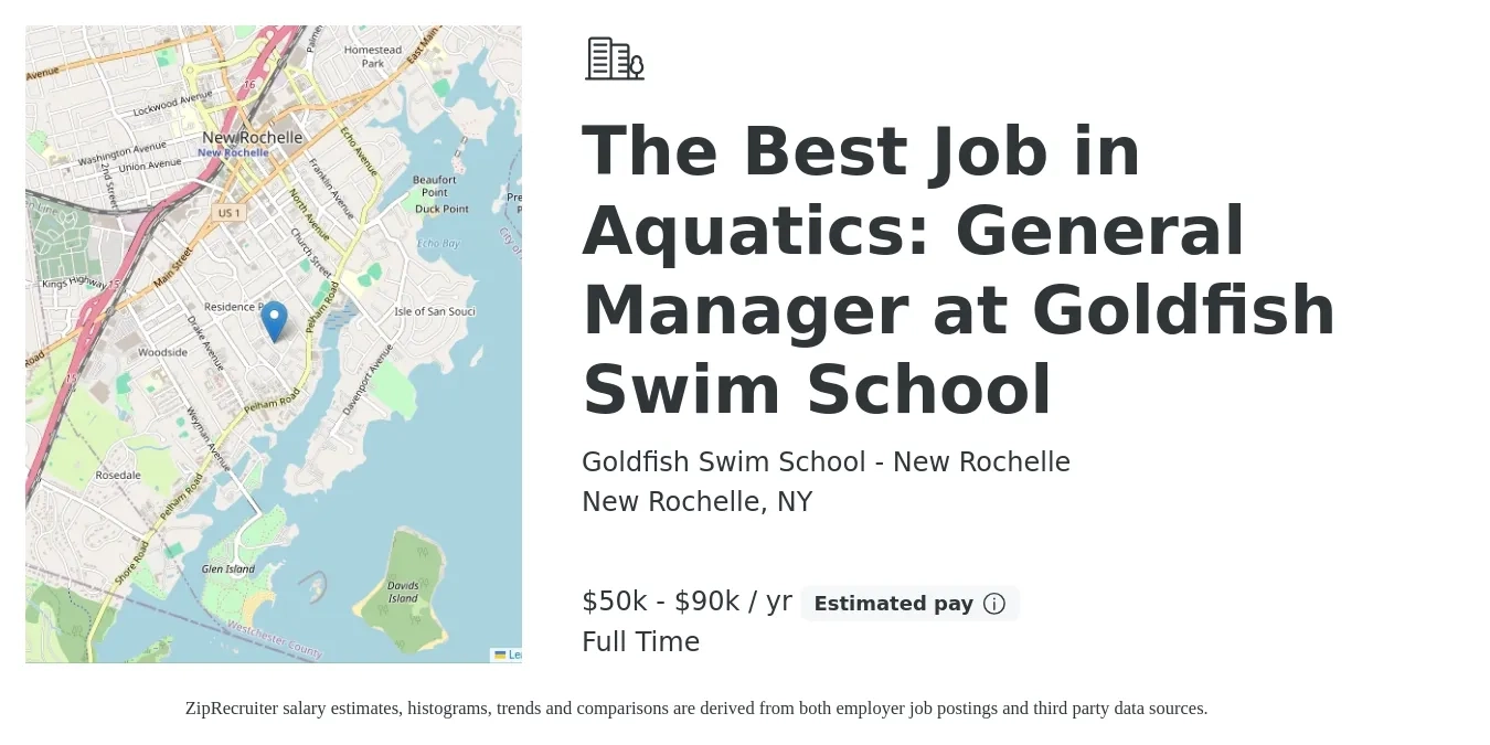 Goldfish Swim School - New Rochelle job posting for a The Best Job in Aquatics: General Manager at Goldfish Swim School in New Rochelle, NY with a salary of $50,000 to $90,000 Yearly with a map of New Rochelle location.