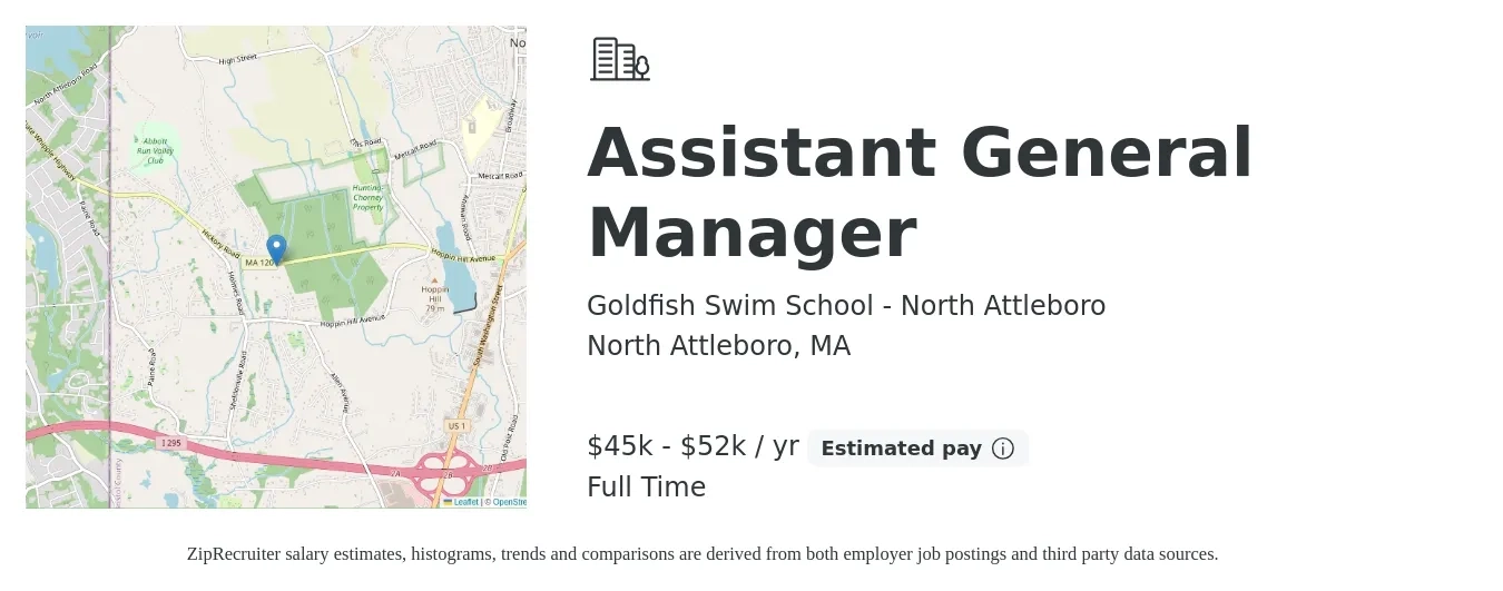 Goldfish Swim School - North Attleboro job posting for a Assistant General Manager in North Attleboro, MA with a salary of $45,000 to $52,000 Yearly with a map of North Attleboro location.