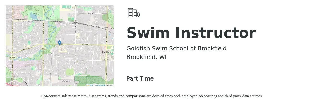 Goldfish Swim School of Brookfield job posting for a Swim Instructor in Brookfield, WI with a salary of $14 to $20 Hourly with a map of Brookfield location.