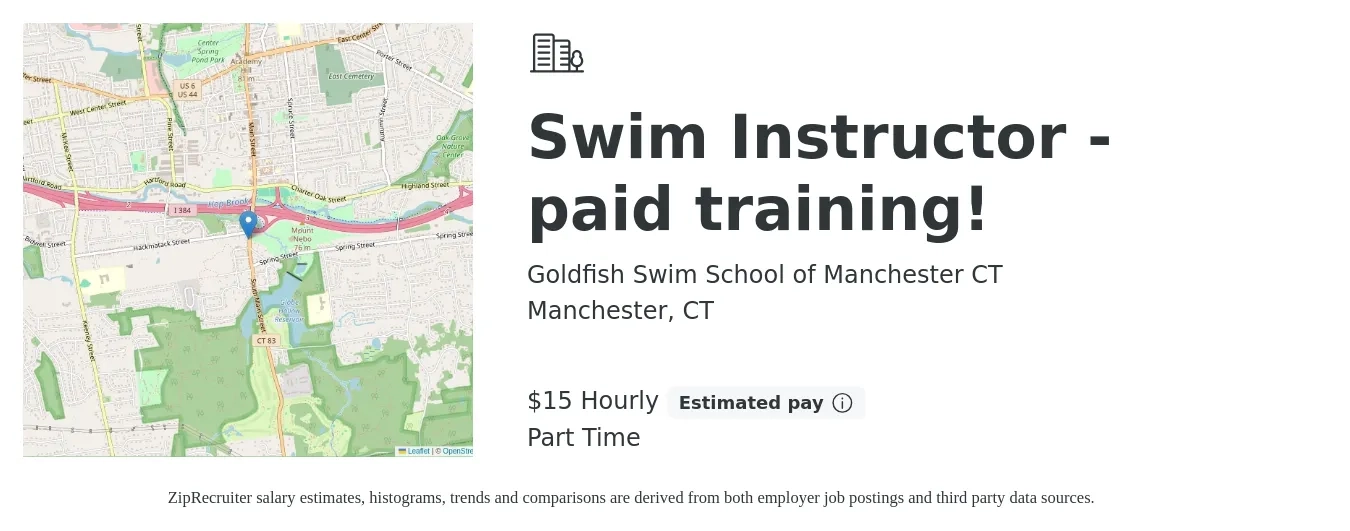 Goldfish Swim School of Manchester CT job posting for a Swim Instructor - paid training! in Manchester, CT with a salary of $16 Hourly with a map of Manchester location.