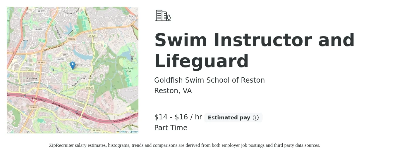 Goldfish Swim School of Reston job posting for a Swim Instructor and Lifeguard in Reston, VA with a salary of $15 to $17 Hourly with a map of Reston location.