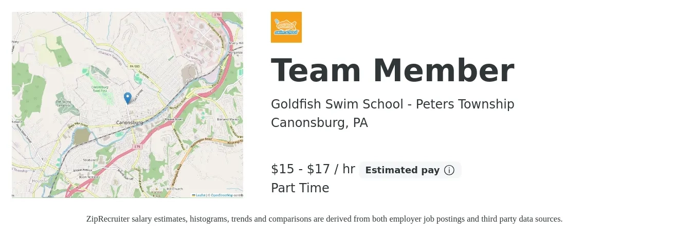 Goldfish Swim School - Peters Township job posting for a Team Member in Canonsburg, PA with a salary of $16 to $18 Hourly with a map of Canonsburg location.