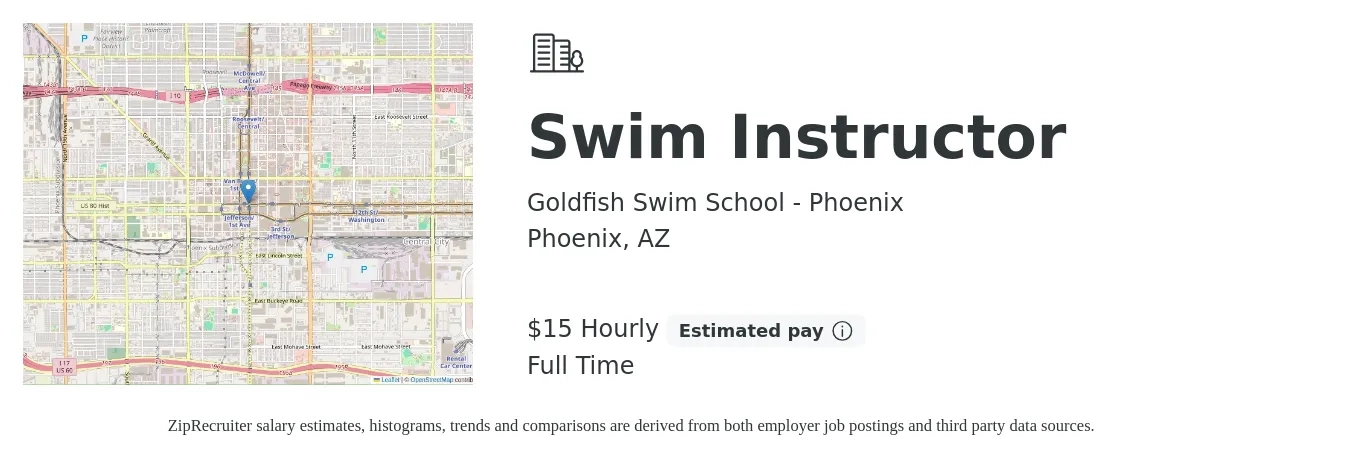 Goldfish Swim School - Phoenix job posting for a Swim Instructor in Phoenix, AZ with a salary of $16 Hourly with a map of Phoenix location.