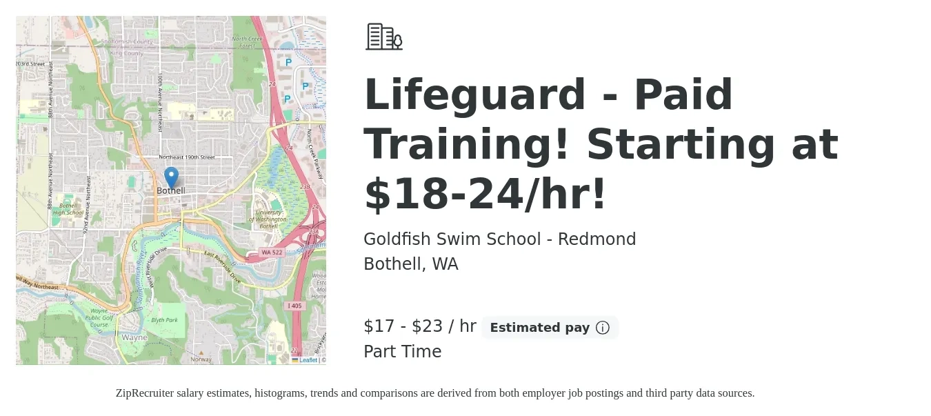 Goldfish Swim School - Redmond job posting for a Lifeguard - Paid Training! Starting at $18-24/hr! in Bothell, WA with a salary of $18 to $24 Hourly with a map of Bothell location.