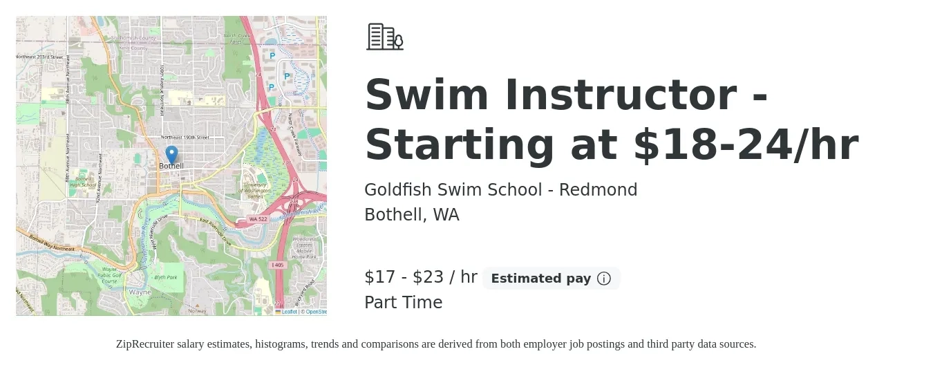 Goldfish Swim School - Redmond job posting for a Swim Instructor - Starting at $18-24/hr in Bothell, WA with a salary of $18 to $24 Hourly with a map of Bothell location.