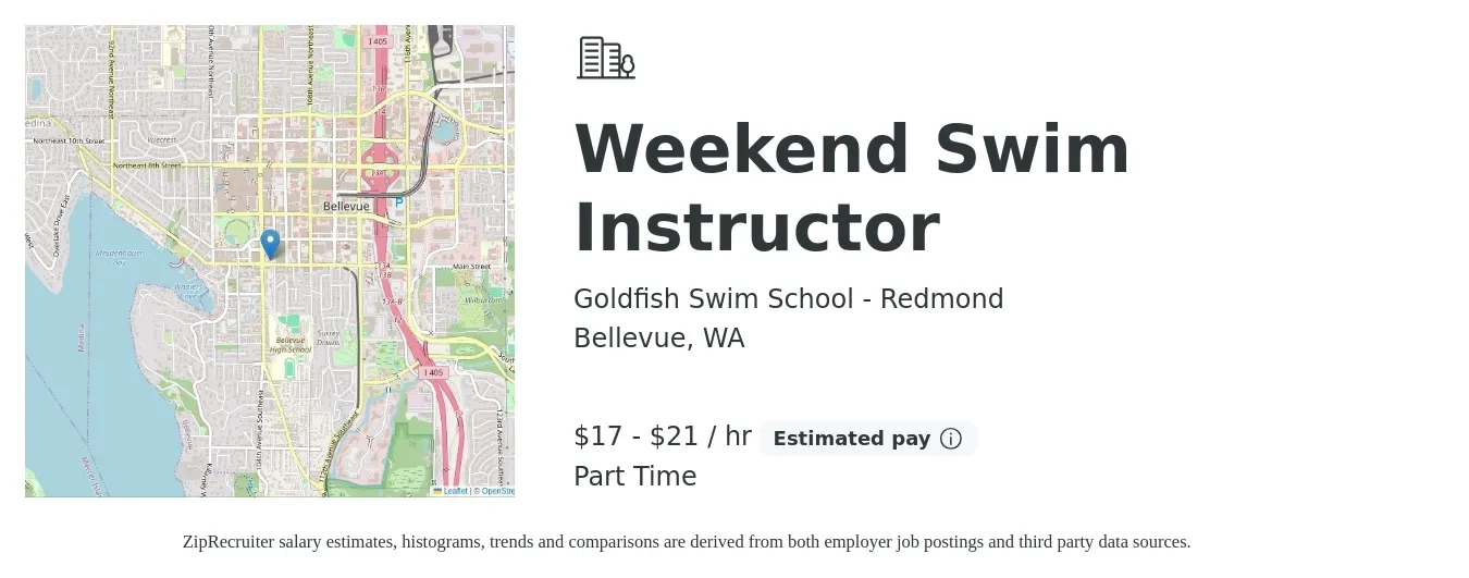 Goldfish Swim School - Redmond job posting for a Weekend Swim Instructor in Bellevue, WA with a salary of $18 to $22 Hourly with a map of Bellevue location.