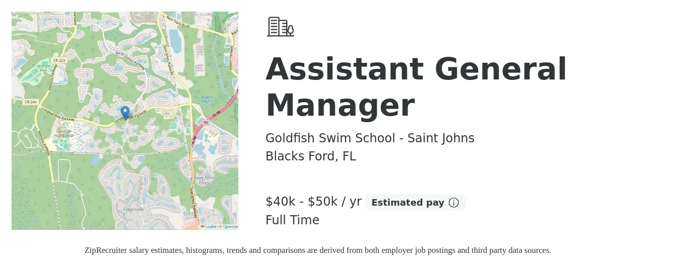 Goldfish Swim School - Saint Johns job posting for a Assistant General Manager in Blacks Ford, FL with a salary of $40,000 to $50,000 Yearly with a map of Blacks Ford location.