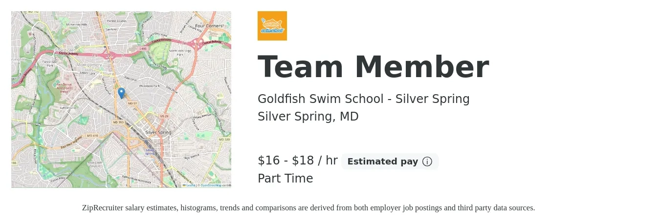 Goldfish Swim School - Silver Spring job posting for a Team Member in Silver Spring, MD with a salary of $17 to $19 Hourly with a map of Silver Spring location.
