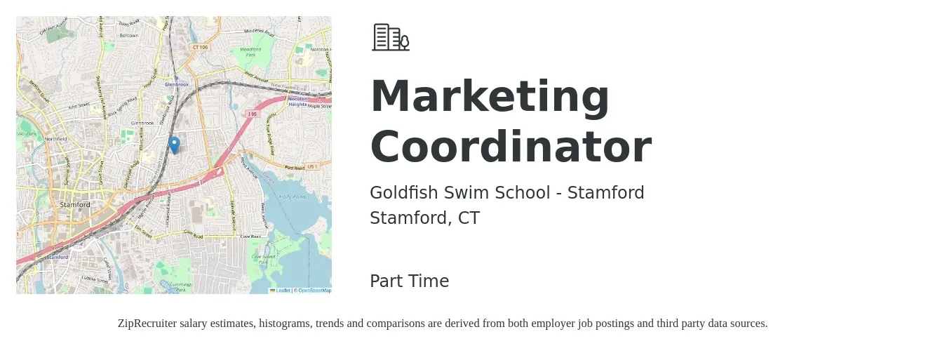 Goldfish Swim School - Stamford job posting for a Marketing Coordinator in Stamford, CT with a salary of $45,300 to $62,400 Yearly with a map of Stamford location.