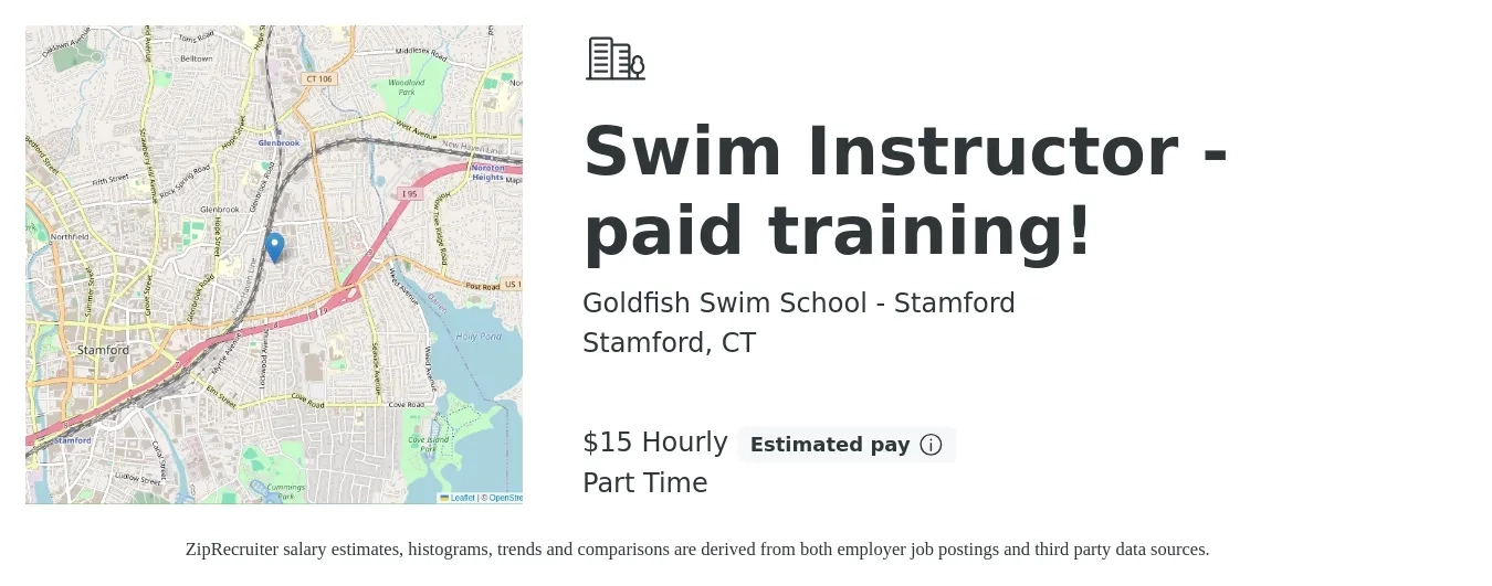 Goldfish Swim School - Stamford job posting for a Swim Instructor - paid training! in Stamford, CT with a salary of $16 Hourly with a map of Stamford location.