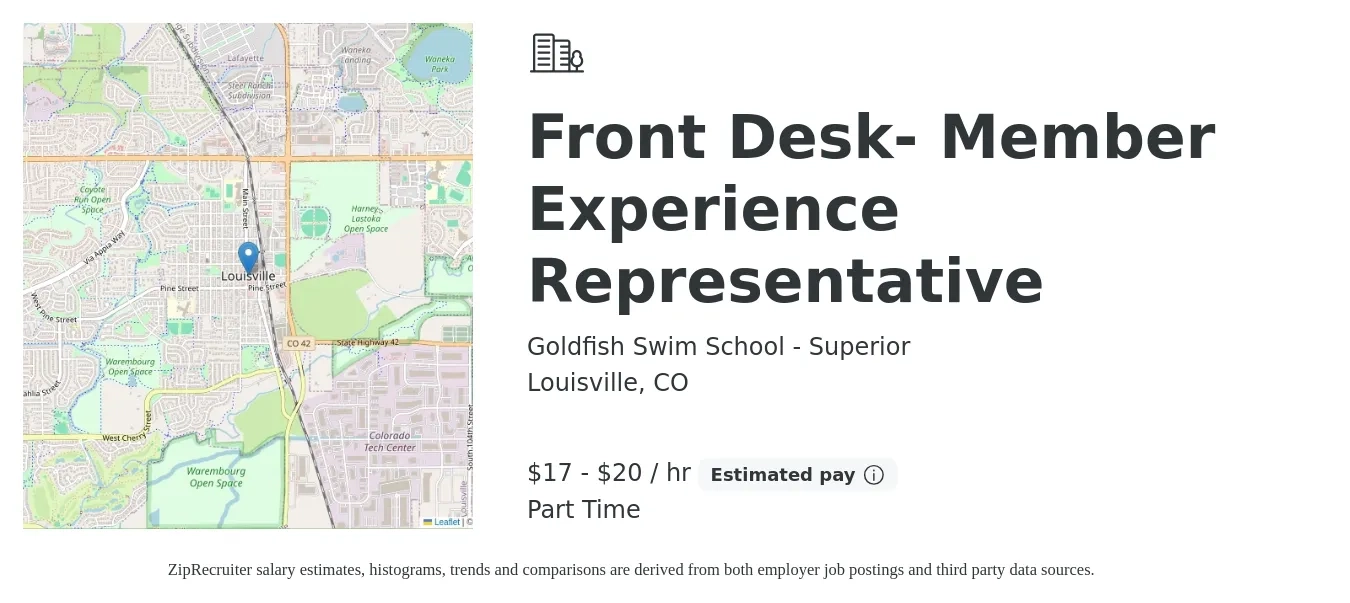 Goldfish Swim School - Superior job posting for a Front Desk- Member Experience Representative in Louisville, CO with a salary of $17 to $19 Hourly with a map of Louisville location.