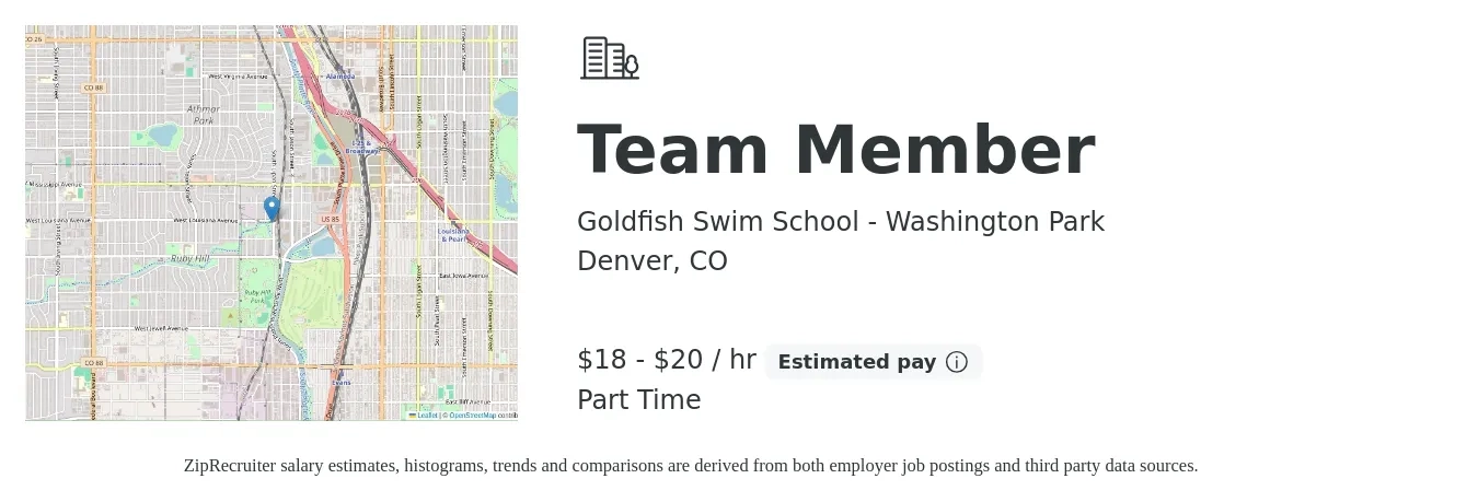 Goldfish Swim School - Washington Park job posting for a Team Member in Denver, CO with a salary of $19 to $21 Hourly with a map of Denver location.