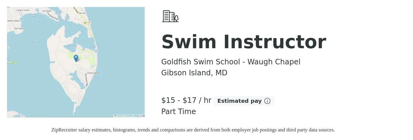 Goldfish Swim School - Waugh Chapel job posting for a Swim Instructor in Gibson Island, MD with a salary of $16 to $18 Hourly with a map of Gibson Island location.