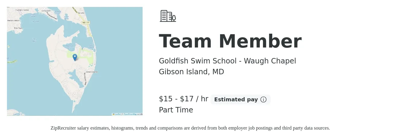 Goldfish Swim School - Waugh Chapel job posting for a Team Member in Gibson Island, MD with a salary of $16 to $18 Hourly with a map of Gibson Island location.