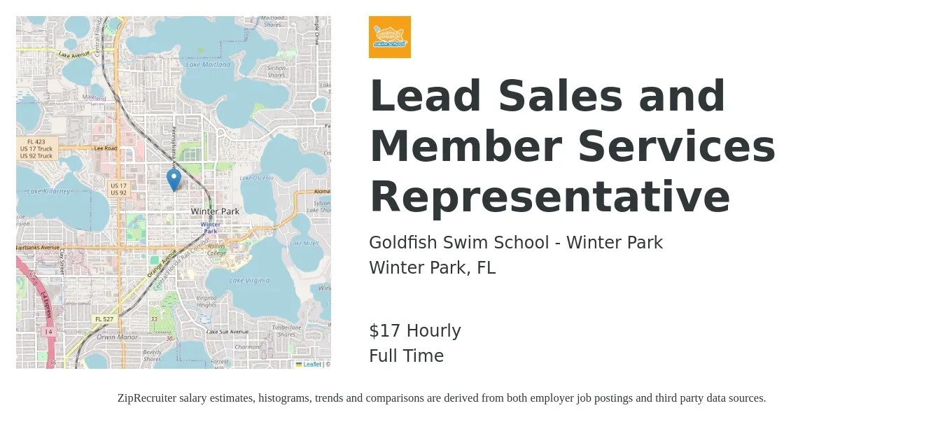 Goldfish Swim School job posting for a Lead Sales and Member Services Representative in Winter Park, FL with a salary of $18 Hourly with a map of Winter Park location.