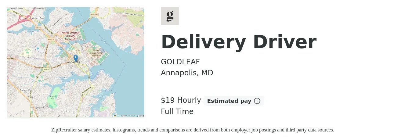 GOLDLEAF job posting for a Delivery Driver in Annapolis, MD with a salary of $20 Hourly with a map of Annapolis location.