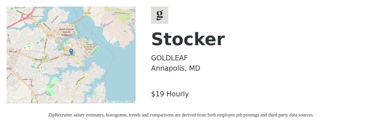 GOLDLEAF job posting for a Stocker in Annapolis, MD with a salary of $20 Hourly with a map of Annapolis location.