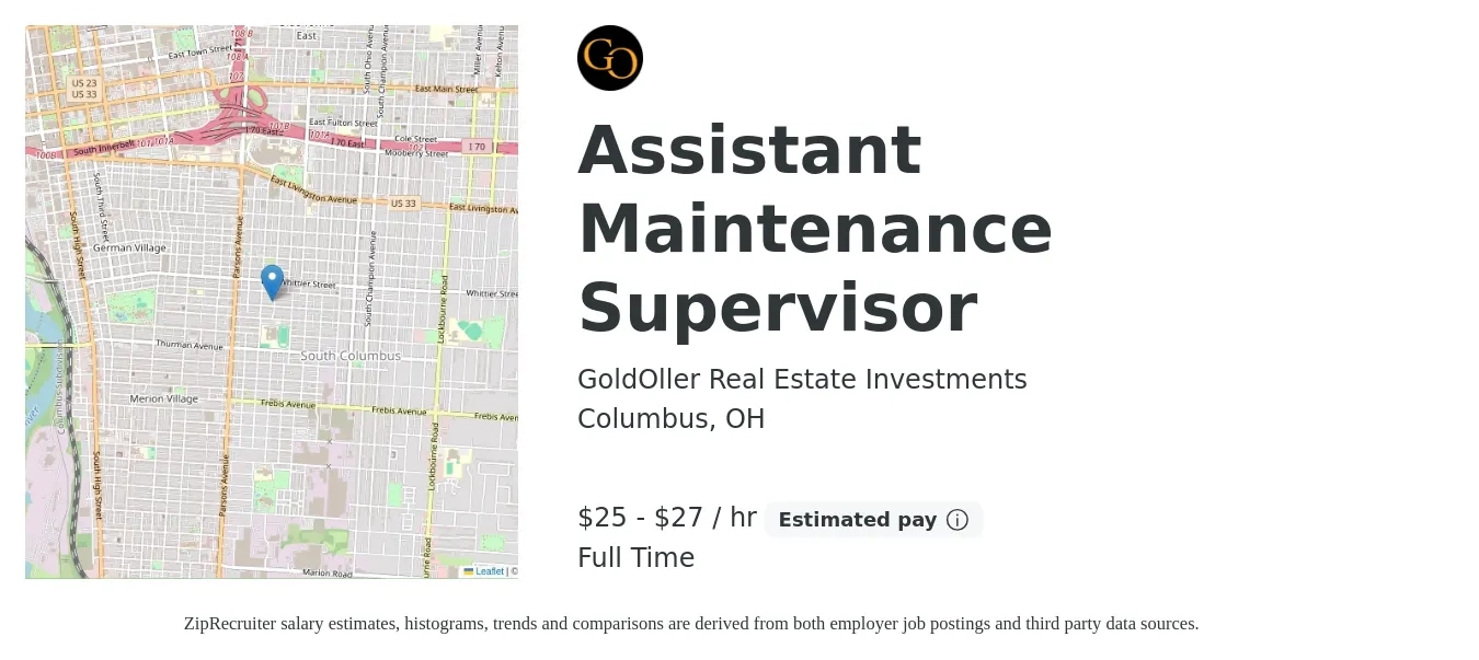 GoldOller Real Estate Investments job posting for a Assistant Maintenance Supervisor in Columbus, OH with a salary of $27 to $29 Hourly with a map of Columbus location.