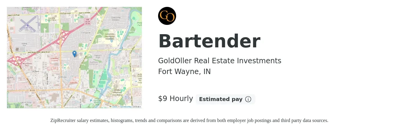 GoldOller Real Estate Investments job posting for a Bartender in Fort Wayne, IN with a salary of $10 Hourly with a map of Fort Wayne location.