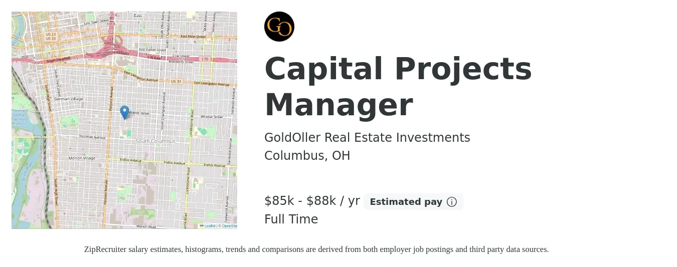 GoldOller Real Estate Investments job posting for a Capital Projects Manager in Columbus, OH with a salary of $85,000 to $88,000 Yearly with a map of Columbus location.