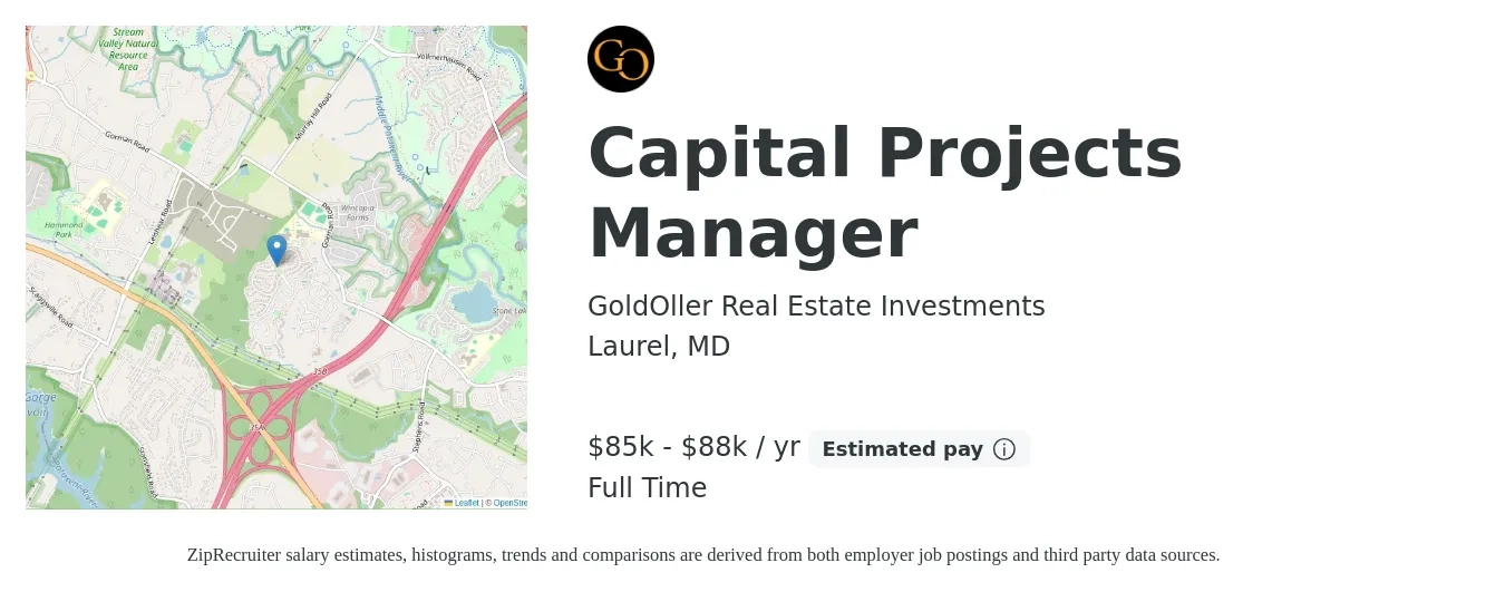 GoldOller Real Estate Investments job posting for a Capital Projects Manager in Laurel, MD with a salary of $85,000 to $88,000 Yearly with a map of Laurel location.