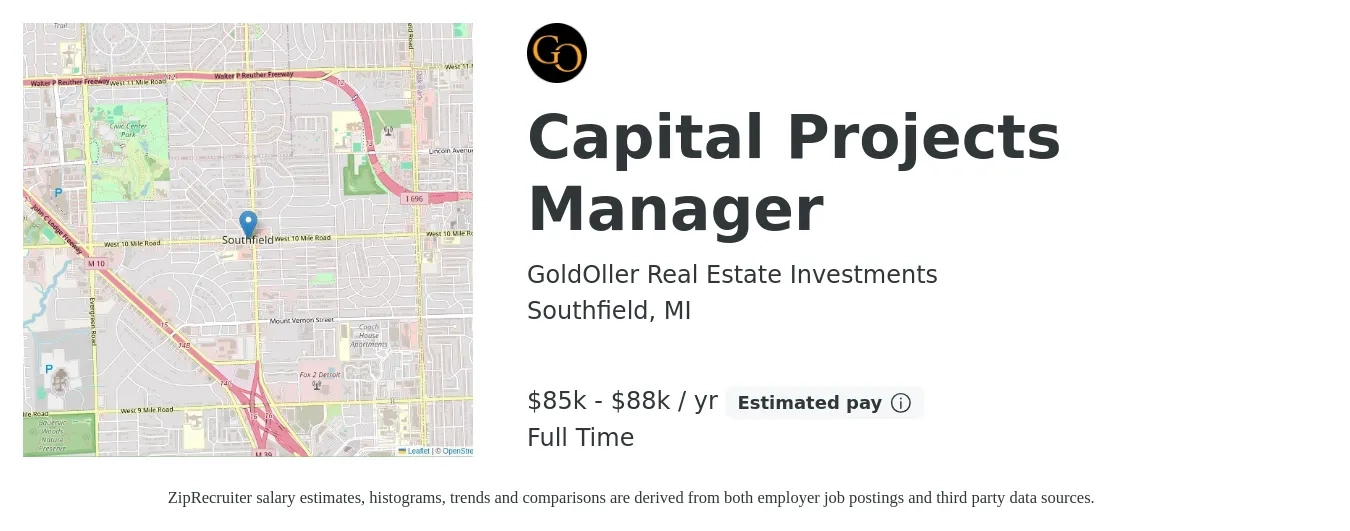 GoldOller Real Estate Investments job posting for a Capital Projects Manager in Southfield, MI with a salary of $85,000 to $88,000 Yearly with a map of Southfield location.