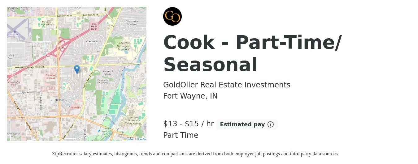 GoldOller Real Estate Investments job posting for a Cook - Part-Time/ Seasonal in Fort Wayne, IN with a salary of $14 to $16 Hourly with a map of Fort Wayne location.