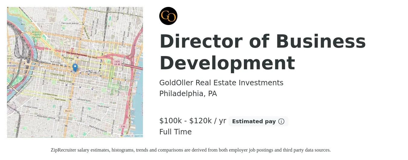 GoldOller Real Estate Investments job posting for a Director of Business Development in Philadelphia, PA with a salary of $100,000 to $120,000 Yearly with a map of Philadelphia location.