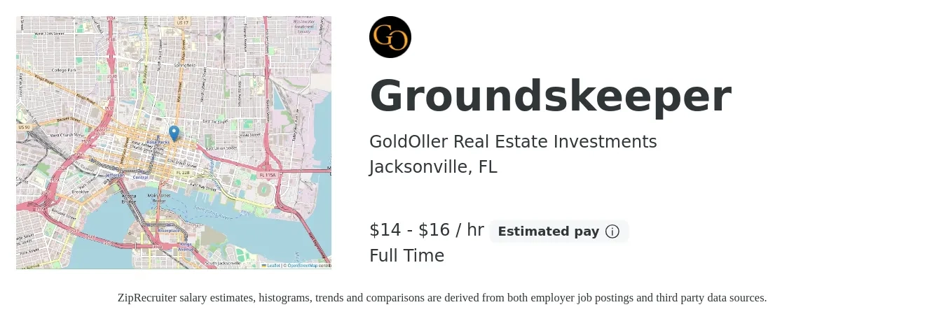 GoldOller Real Estate Investments job posting for a Groundskeeper in Jacksonville, FL with a salary of $15 to $17 Hourly with a map of Jacksonville location.