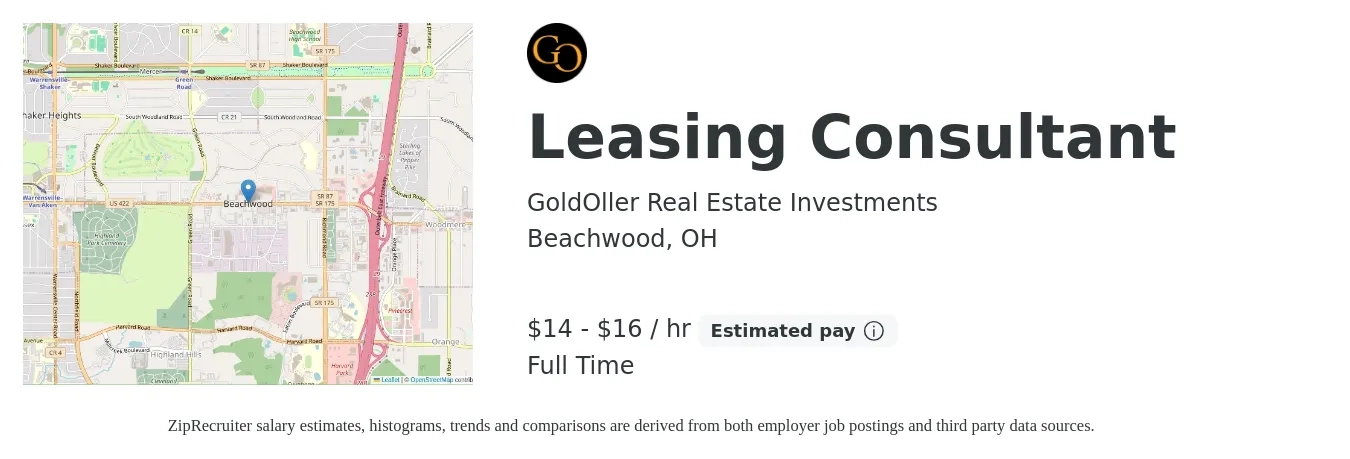 GoldOller Real Estate Investments job posting for a Leasing Consultant in Beachwood, OH with a salary of $15 to $17 Hourly with a map of Beachwood location.
