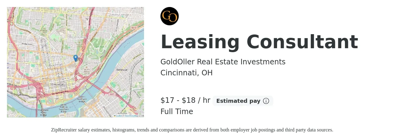 GoldOller Real Estate Investments job posting for a Leasing Consultant in Cincinnati, OH with a salary of $18 to $19 Hourly with a map of Cincinnati location.