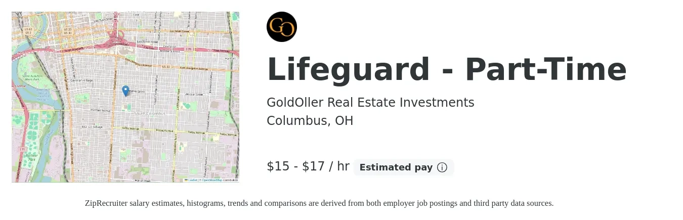 GoldOller Real Estate Investments job posting for a Lifeguard - Part-Time in Columbus, OH with a salary of $16 to $18 Hourly with a map of Columbus location.