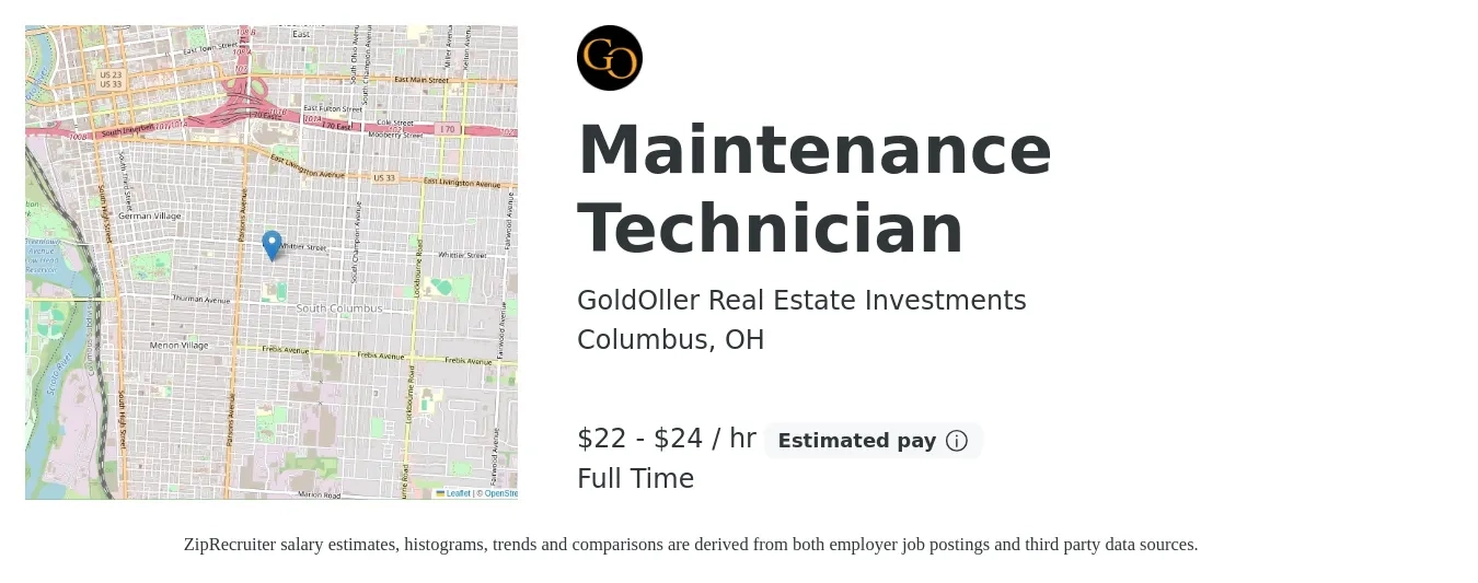 GoldOller Real Estate Investments job posting for a Maintenance Technician in Columbus, OH with a salary of $23 to $25 Hourly with a map of Columbus location.