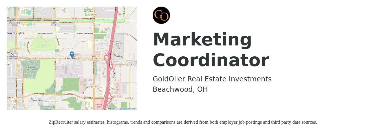 GoldOller Real Estate Investments job posting for a Marketing Coordinator in Beachwood, OH with a salary of $50,000 to $60,000 Yearly with a map of Beachwood location.