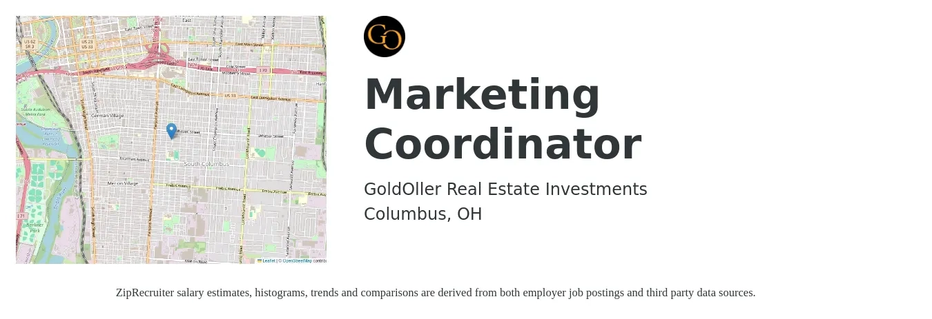GoldOller Real Estate Investments job posting for a Marketing Coordinator in Columbus, OH with a salary of $50,000 to $60,000 Yearly with a map of Columbus location.