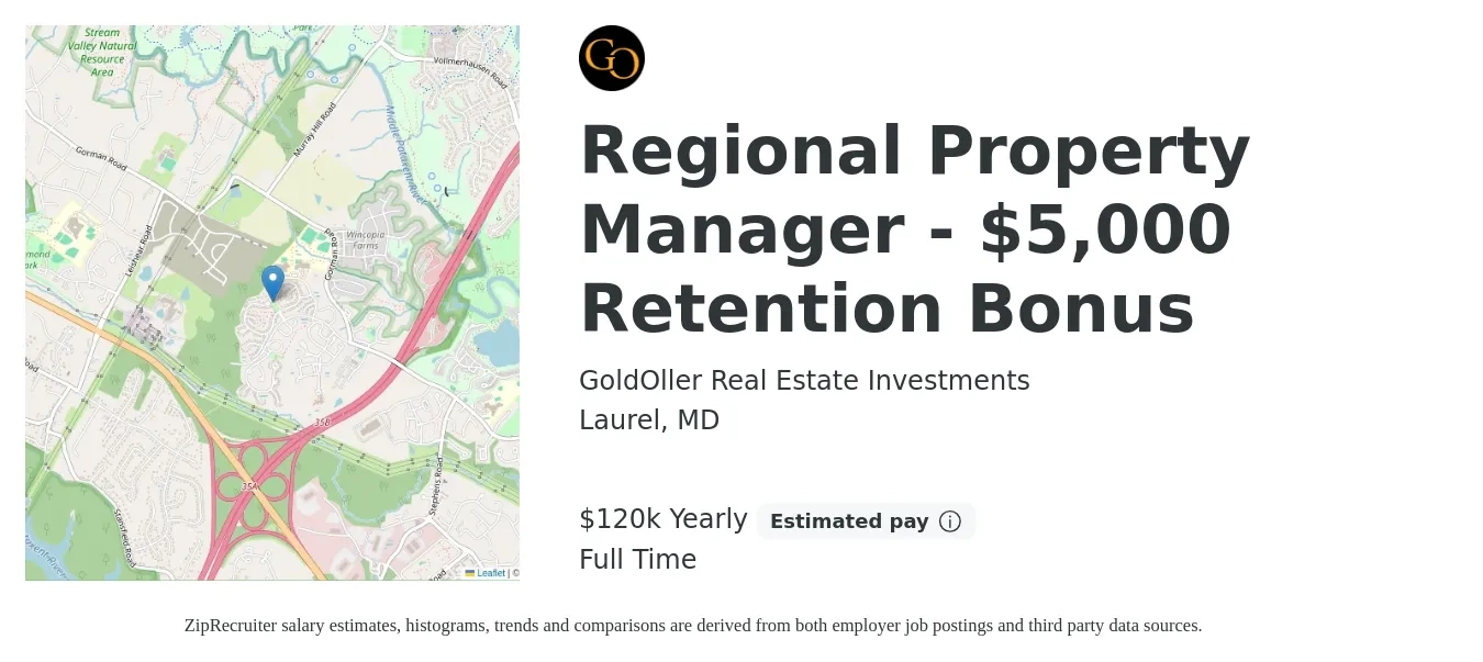 GoldOller Real Estate Investments job posting for a Regional Property Manager - $5,000 Retention Bonus in Laurel, MD with a salary of $77,600 to $104,500 Yearly with a map of Laurel location.