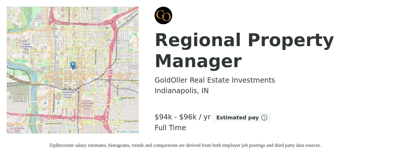 GoldOller Real Estate Investments job posting for a Regional Property Manager in Indianapolis, IN with a salary of $94,000 to $96,000 Yearly with a map of Indianapolis location.