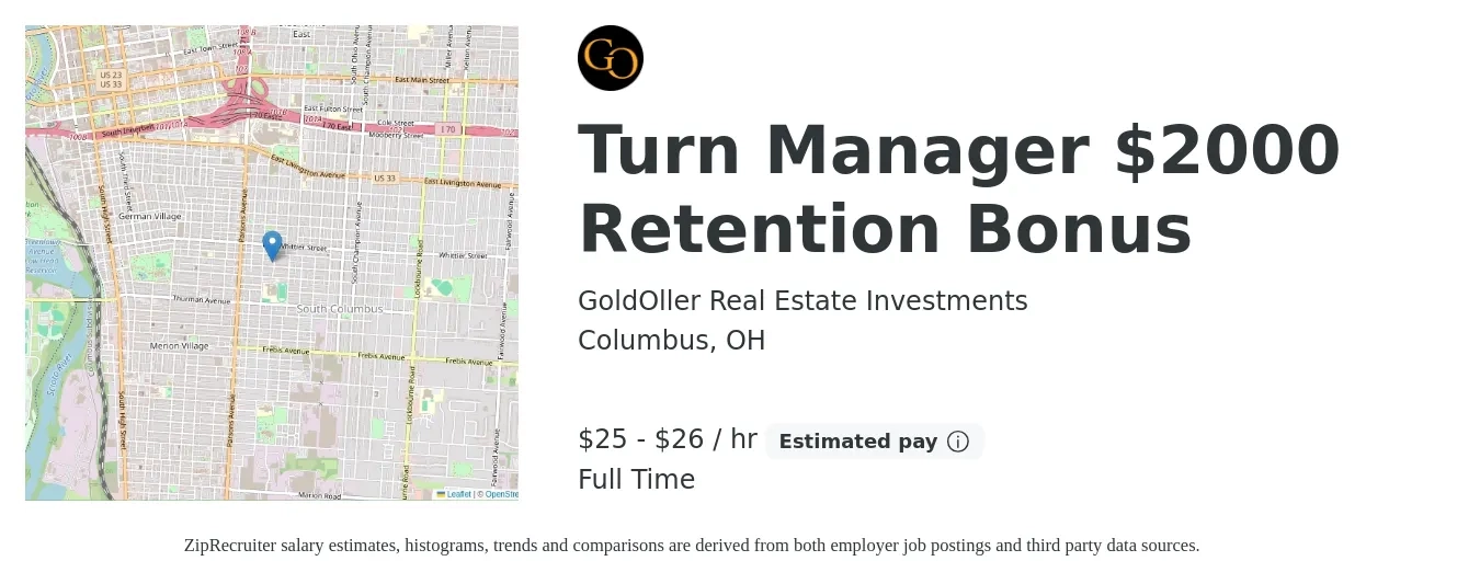 GoldOller Real Estate Investments job posting for a Turn Manager $2000 Retention Bonus in Columbus, OH with a salary of $26 to $28 Hourly with a map of Columbus location.