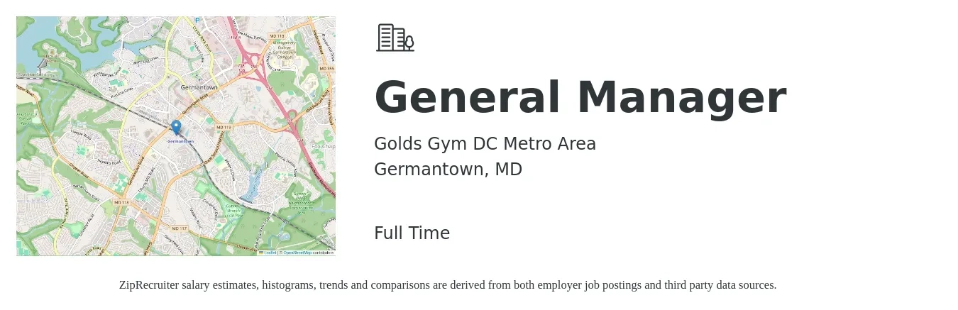 Golds Gym DC Metro Area job posting for a General Manager in Germantown, MD with a salary of $50,000 to $74,800 Yearly with a map of Germantown location.