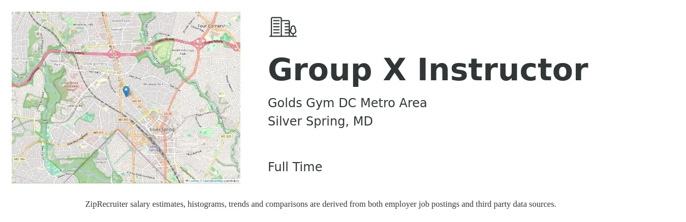 Golds Gym DC Metro Area job posting for a Group X Instructor in Silver Spring, MD with a salary of $19 to $31 Hourly with a map of Silver Spring location.