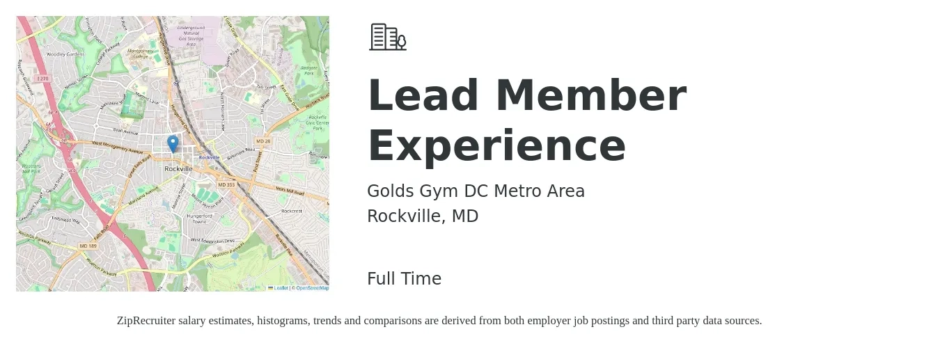 Golds Gym DC Metro Area job posting for a Lead Member Experience in Rockville, MD with a salary of $16 to $26 Hourly with a map of Rockville location.