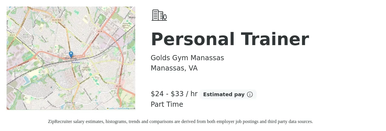 Golds Gym Manassas job posting for a Personal Trainer in Manassas, VA with a salary of $25 to $35 Hourly (plus commission) with a map of Manassas location.
