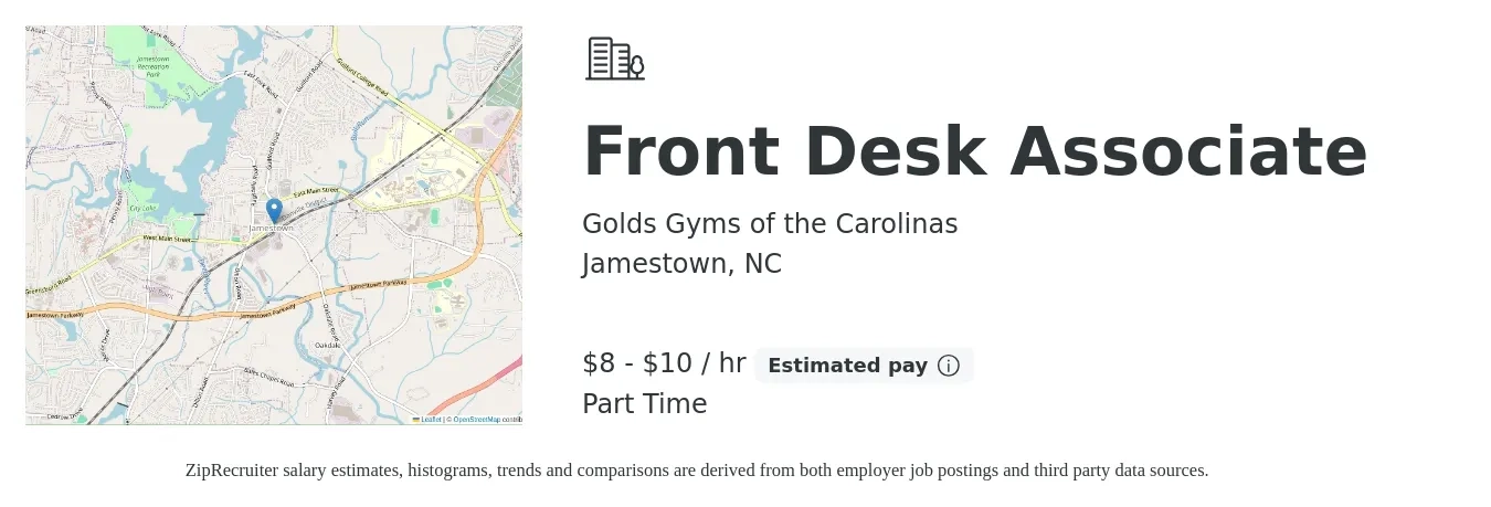 Golds Gyms of the Carolinas job posting for a Front Desk Associate in Jamestown, NC with a salary of $9 to $11 Hourly with a map of Jamestown location.